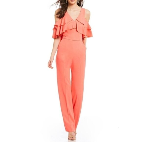 Trina Turk Women’s Coral Crepe Josephine Cold-Shoulder Ruffle Jumpsuit. … - Picture 1 of 14